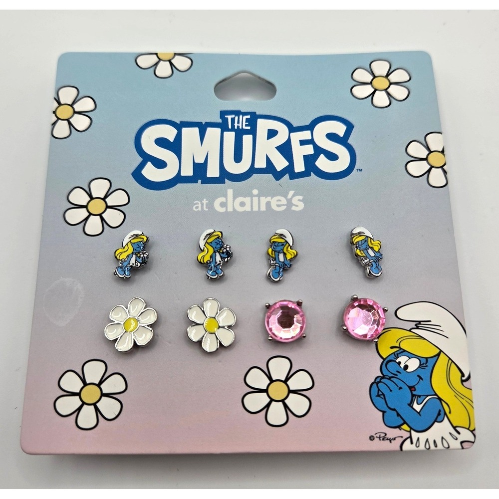 Claire's Earring Set The Smurfs Smurfette # Silver Tone Daisy Pink Studs NWT